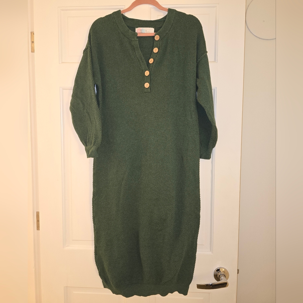 Free People Beach Stylish Green Knit Dress with Button Accents